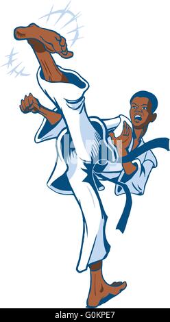 Vector clip art cartoon illustration of a teen boy martial artist of African ethnicity executing a spinning back kick. Stock Vector