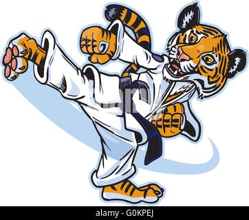 Vector clip art cartoon of a cute young tiger cub martial artist executing a spinning back kick. Stock Vector