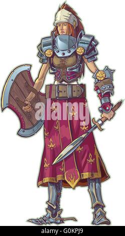 Vector cartoon of a warrior woman with red hair.  She is sporting various pieces of piecemeal armor and weapons. Stock Vector