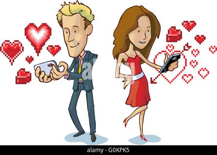 Vector cartoon illustration of a man and woman texting each other love notes, indicated by pixel art heart graphic elements. Stock Vector