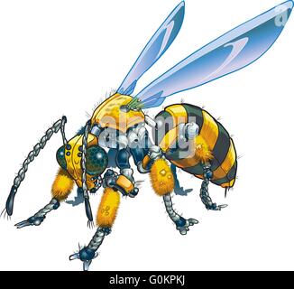 Vector cartoon clip art illustration of a robot wasp or bee. Could also be a conceptual illustration of future drone technology. Stock Vector