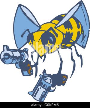 Vector cartoon clip art illustration of a wasp or bee brandishing two pistols or guns. Stock Vector