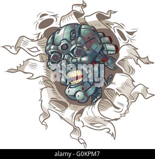 Vector cartoon clip art illustration of a robot skull ripping out of a hole in the background Stock Vector