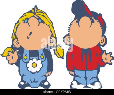 Vector cartoon clip art of a little boy and girl looking up and waving. Stock Vector