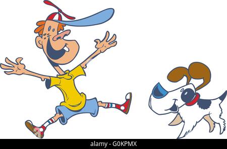 Retro style cartoon vector clip art of a jumping boy who is happy to see his dog. Stock Vector