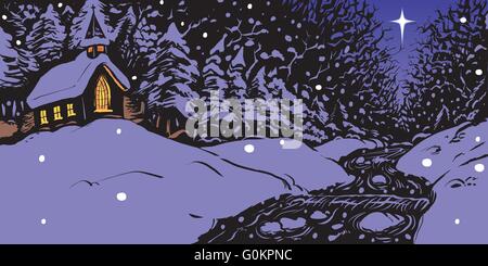 Vector illustration of a snowy winter evening featuring a church with lit windows near a creek or stream with a star in the sky. Stock Vector