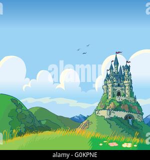 Vector cartoon illustration of a fantasy background with rolling green hills and a castle in the distance. Stock Vector