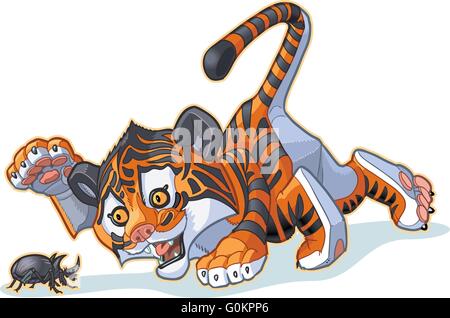Vector Cartoon Clip Art Illustration of a Cute Tiger Cub Playing with a Rhinoceros Beetle. Stock Vector