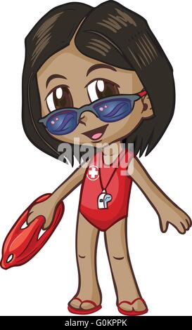 Vector clip art illustration of a dark skinned girl wearing a life guard outfit or costume, drawn in an anime or manga style. Stock Vector