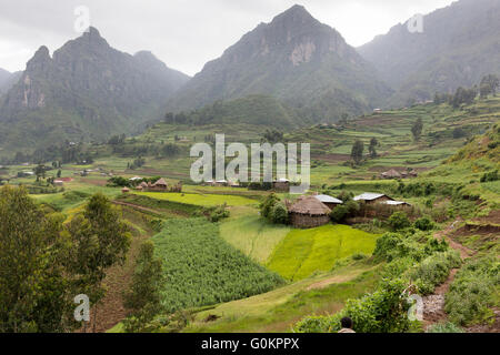 Ankober Woring Mesche Kebele, North Shewa,  Ethiopia, October 2013: steep slopes have been partly terraced. Stock Photo