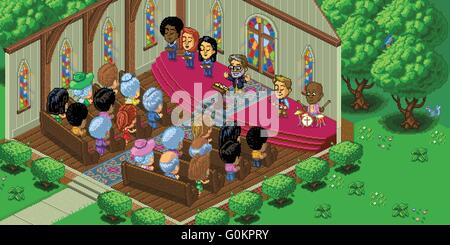 Vector illustration of a church service in a cute cartoon video game pixel art style. The church is located in a forest setting. Stock Vector