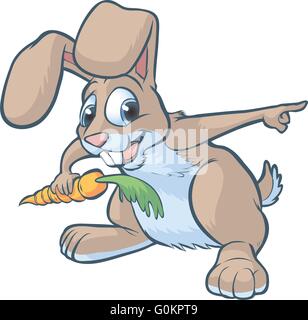 Vector cartoon clip art of a happy brown bunny or rabbit holding a carrot and pointing to the right. Stock Vector