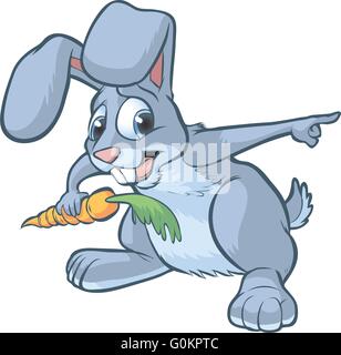 Vector cartoon clip art of a scared gray bunny or rabbit holding a carrot and pointing to the right. Stock Vector