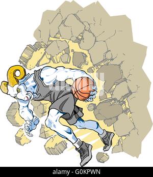 Cartoon vector clip art illustration of a charging bighorn sheep or ram basketball player mascot crashing through a wall. Stock Vector