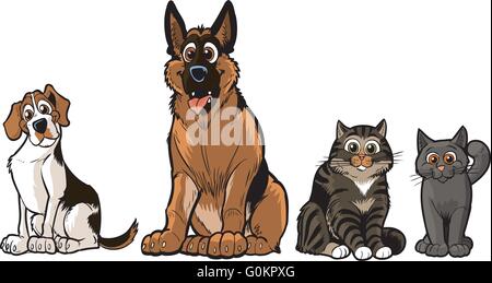 Vector cartoon illustration clip art of a group of 2 dogs and 2 cats, A Beagle, German Shepherd, Tabby, and a Gray cat. Stock Vector