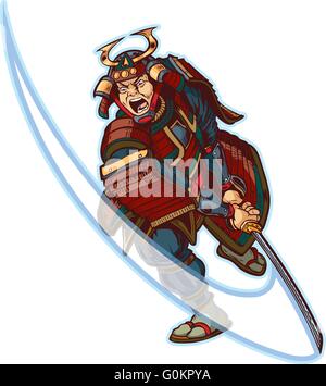 Vector cartoon clip art illustration of an angry or mean looking Samurai slashing with his katana sword. Stock Vector