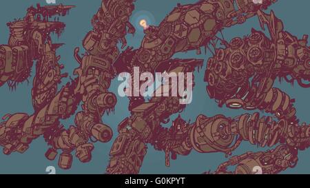 A seamless tiling or tessellating background pattern vector illustration, featuring intertwining vines or tentacles made of junk Stock Vector