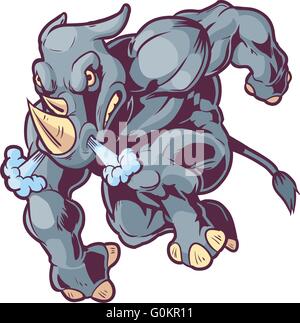 Vector Cartoon Clip Art Illustration of an Anthropomorphic Mascot Rhino Charging to the Left Stock Vector