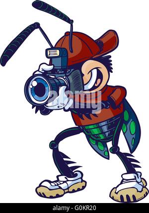 Cartoon vector clip art illustration of a shutter bug or insect mascot character holding a camera. Stock Vector