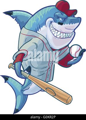 Vector cartoon clip art illustration of a tough mean smiling shark mascot wearing baseball uniform while holding a bat and ball. Stock Vector