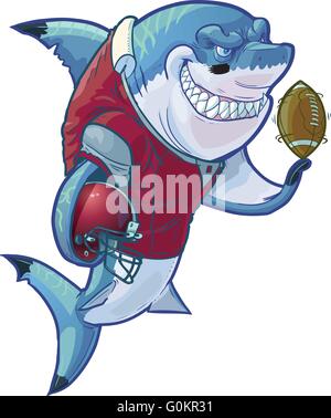 Vector cartoon clip art illustration of a tough mean smiling shark mascot wearing a football uniform and pads. Stock Vector