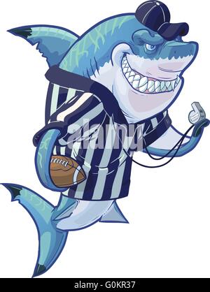 Vector cartoon clip art illustration of a tough mean smiling shark mascot wearing a football referee uniform. Stock Vector