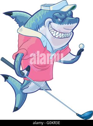 Vector cartoon clip art illustration of a tough mean smiling shark mascot wearing a golf outfit while holding a driver and ball. Stock Vector