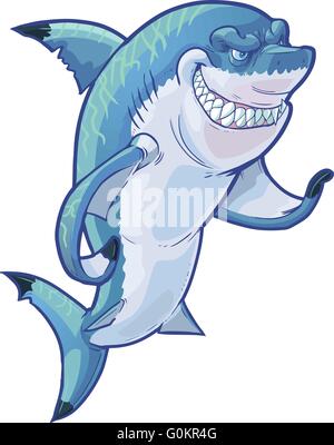 Vector cartoon clip art illustration of a tough mean smiling shark mascot gesturing with its pectoral fin. Stock Vector