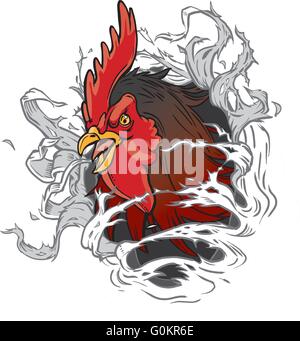Vector cartoon clip art illustration of a realistic rooster or gamecock or chanticleer mascot head ripping through background Stock Vector