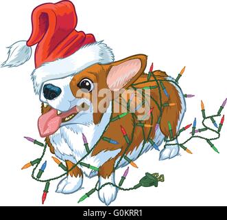 Vector cartoon clip art illustration of a corgi wearing a Santa Claus hat over one eye and tangled in Christmas tree lights.