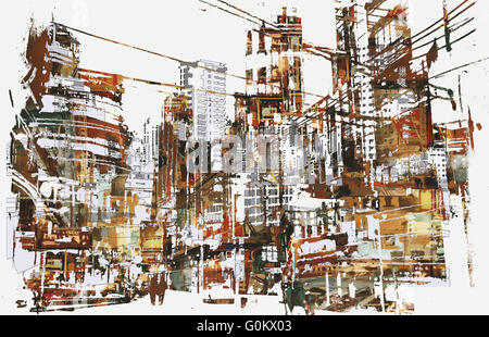illustration painting of urban city with grunge texture Stock Photo