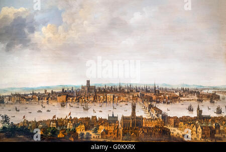 London from Southwark, c.1630. Old London Bridge is in the right foreground and St Paul's Cathedral in the distance. This painting shows the city before the Great Fire of 1666. Stock Photo