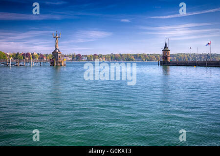 KONSTANZ, GERMANY - April 30, 2016- Imperia statue in harbor of Konstanz city with a view to lake Constance. Stock Photo