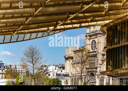 Paris, France - May 1, 2016: View of old church Saint Eustache and in front the new modern canopy of  Forum des Halles Stock Photo