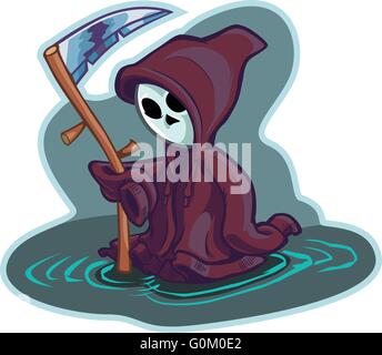 Vector cartoon clip art illustration of a cute little or young child version of death or the grim reaper, wearing a hoodie. Stock Vector
