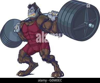 Vector cartoon clip art illustration of a tough mean weightlifting beast man mascot with werewolf and gorilla features. Stock Vector