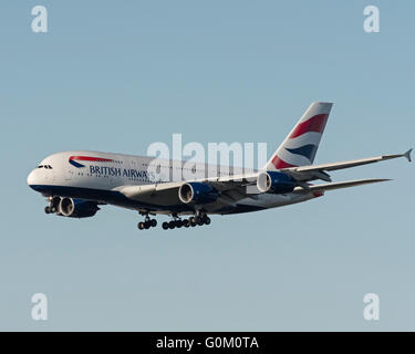 British Airways Airbus A380 G-XLEJ jet airliner final approach for landing Vancouver International Airport YVR Stock Photo