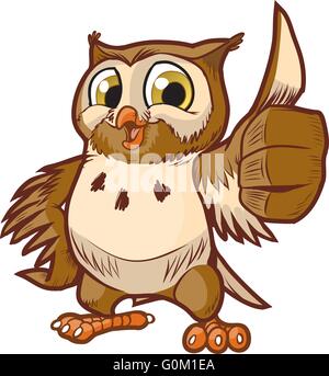 Vector cartoon clip art illustration of a cute and happy owl mascot giving the thumbs up hand gesture. Stock Vector