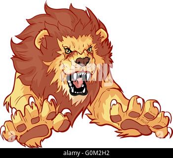 Vector cartoon clip art illustration of a roaring lion leaping or jumping forward toward the viewer with its claws out. Stock Vector