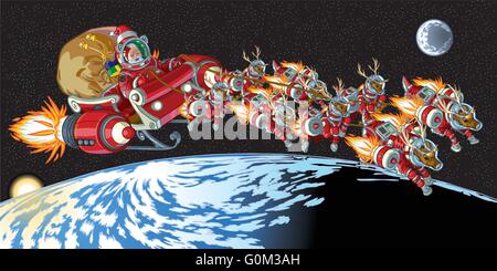 Vector cartoon illustration of Santa Claus and his reindeer wearing astronaut space suits and driving a rocket powered sleigh. Stock Vector