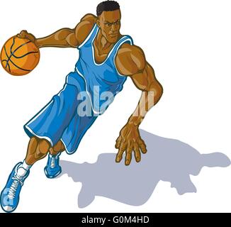 Cartoon vector clip art illustration of a African American male basketball player dribbling. Stock Vector