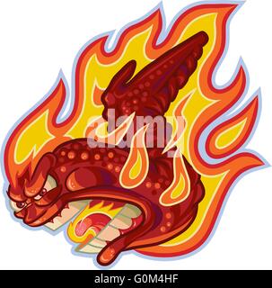 Vector cartoon clip art illustration of an angry buffalo or hot chicken wing on fire or in flames with a screaming face. Stock Vector