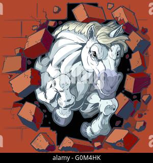 Cartoon vector clip art illustration of a tough mean white horse or bronco or colt mascot crashing through a brick wall. Stock Vector