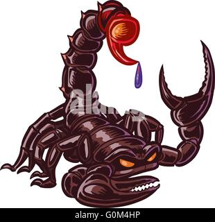 Vector cartoon clip art mascot illustration of a mean black scorpion with its tail raised, ready to sting with dripping venom. Stock Vector
