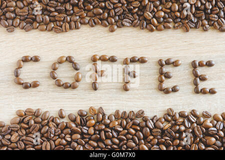 Word coffee made from coffee beans with borders, top view Stock Photo
