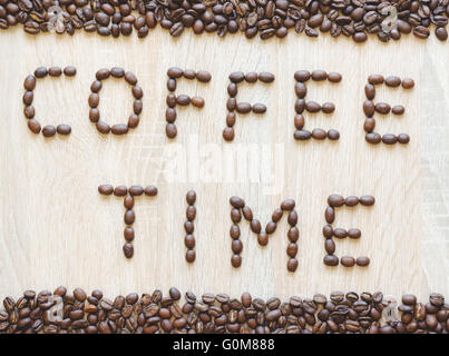 Word coffee time made from coffee beans with borders, from above view Stock Photo