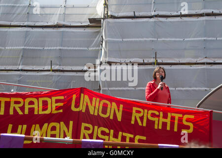 Mayday 2016. Clerkenwell. Frances O'Grady, General Secretary of the TUC (Trades Union Congress) speaking at a rally before the m Stock Photo