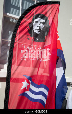 Mayday 2016. Clerkenwell. Cuba solidarity. Che flag and Cuban flag. International Workers Day. Stock Photo