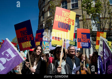 Mayday 2016. Clerkenwell. International workers Day. Dancers Union members with placards. Stock Photo