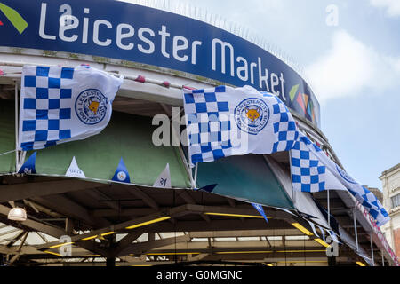 Leicester market flying the flags of Leicester city football club, winners of the Barclays Premier League 2016 Stock Photo